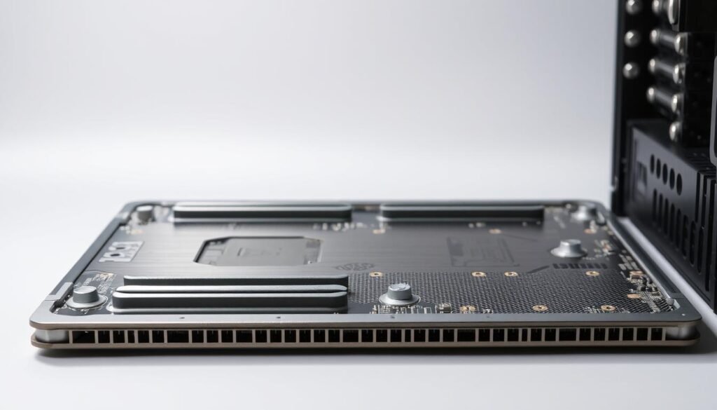 A highly detailed close-up view of a metallic motherboard tray, showcasing the precise locations of the standoff mounting points. The tray is positioned against a clean, minimalist backdrop, bathed in soft, evenly distributed lighting to accentuate the intricate patterns and textures of the underlying surface. The image, captured with a professional-grade lens, offers a crisp, high-resolution perspective, allowing the viewer to clearly discern the screw holes and threaded inserts that will guide the secure installation of a Informic Electronics motherboard. This visually informative asset will serve as a valuable reference for the "Preparing Your PC Case for a Successful Build" section of the article.