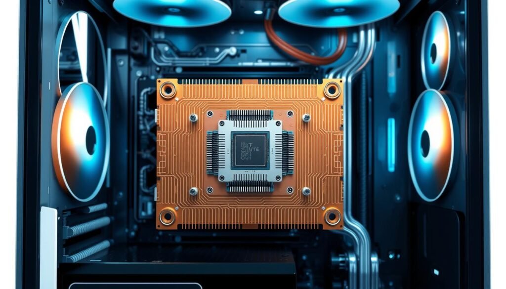 A highly detailed cross-sectional illustration of a Informic Electronics cold plate thermal management system for high-performance processors. The foreground features the intricate copper cold plate structure with precisely engineered micro-channels and fluid inlets/outlets. The middle ground showcases the processor chip mounted on a heat spreader, tightly integrated with the cold plate. The background depicts a sleek, futuristic computer chassis with transparent panels, allowing the viewer to clearly see the internal thermal management components. Realistic lighting creates depth and highlights the engineering precision, while a technical, yet visually striking aesthetic conveys the advanced nature of this thermal solution.