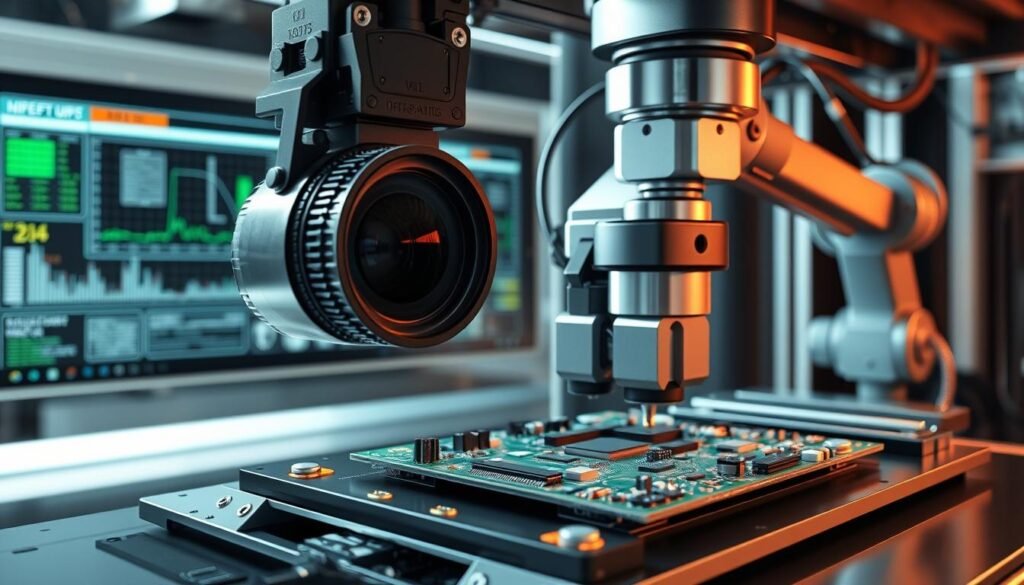 A highly detailed, hyper-realistic 3D rendering of a modern, state-of-the-art Automated Optical Inspection (AOI) system from Informic Electronics. The foreground showcases the camera and precision optics module, with a complex array of lenses and sensors meticulously calibrated for optimal inspection accuracy. The middle ground features the robotic component handling mechanism, precisely maneuvering printed circuit boards under the watchful eye of the AOI system. In the background, a sleek, minimalist control panel displays real-time data and diagnostic information, bathed in a soft, diffused lighting that creates a focused, technical atmosphere. Every element is rendered with exceptional attention to detail, showcasing the advanced engineering and programming that powers this state-of-the-art AOI solution.
