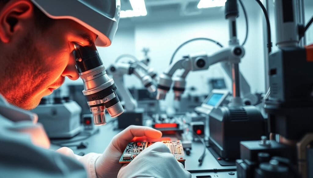 A highly detailed, hyper-realistic image of a PCB component inspection process at Informic Electronics. In the foreground, a technician carefully examines a 0201 component under a high-magnification microscope, their face illuminated by the bright, cool-toned lighting. In the middle ground, robotic arms precisely place components on the PCB, while quality control sensors monitor the process. The background depicts the clean, organized workstation with various measurement tools and inspection equipment. The scene conveys a sense of precision, attention to detail, and a commitment to quality control in the electronics manufacturing industry.