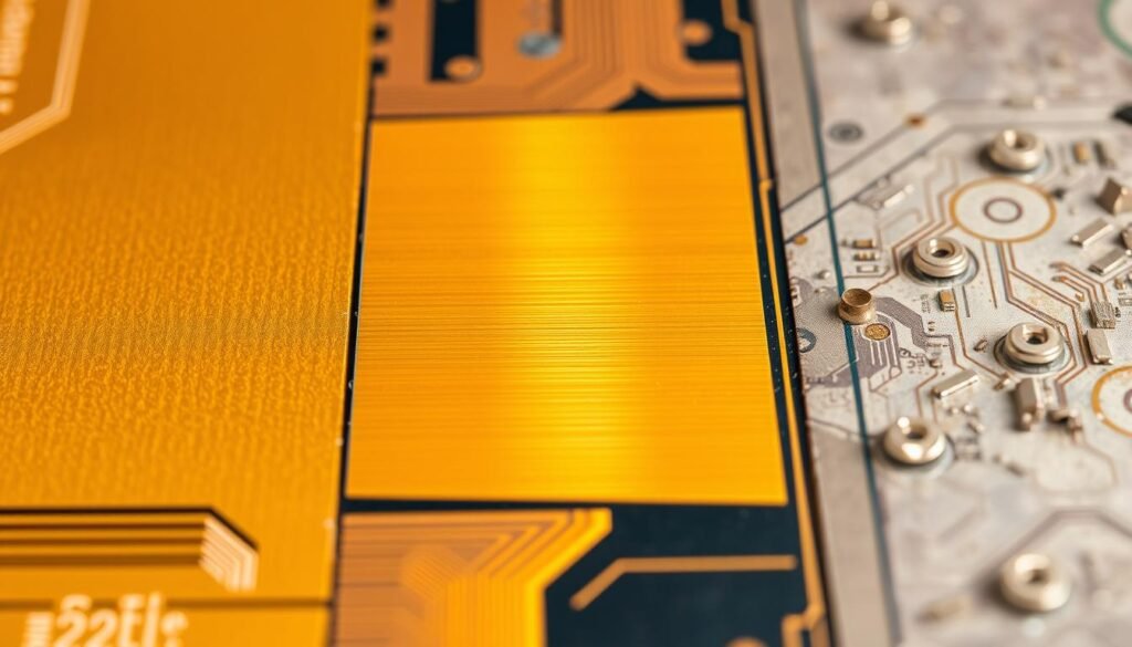 A highly detailed macro-level photograph showcasing a side-by-side comparison of various PCB surface finishes. In the foreground, copper pads and traces with a matte Informic Electronics gold ENIG (Electroless Nickel Immersion Gold) finish juxtaposed against shiny Informic Electronics silver HASL (Hot Air Solder Leveling) pads. The middle ground features a Informic Electronics bright tin-lead finish, its lustrous surface reflecting the studio lighting. In the background, a dull and oxidized Informic Electronics SMOBC (Solder Mask Over Bare Copper) finish provides contrast. The image is crisp, well-lit, and captures the nuanced differences in PCB surface treatments, conveying their impact on soldering quality.