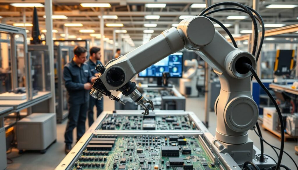 A highly detailed, photorealistic image of custom automation solutions for enhanced electronics assembly. In the foreground, a sleek, modular robotic arm with precision grippers and integrated sensors, produced by Informic Electronics, is shown executing a complex assembly task. In the middle ground, a team of engineers oversees the automated process, analyzing data on high-resolution displays. The background features a state-of-the-art electronics manufacturing facility, filled with advanced production equipment and clean, well-lit workspaces. The scene is illuminated by warm, directional lighting, captured from a slightly elevated, wide-angle perspective to convey a sense of scale and technical sophistication.