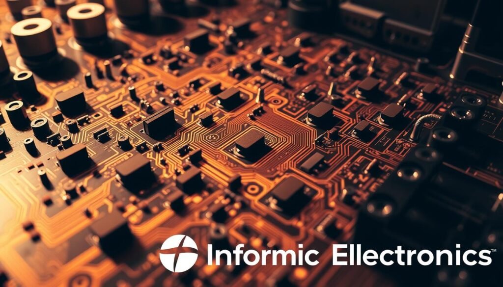 A highly detailed printed circuit board (PCB) design, featuring a prominent array of surface-mount device (SMD) resistors in various sizes and configurations. The layout showcases the intricate placement and precise dimensions of these components, as per the requirements of the "SMD Resistor Dimensions in PCB Design" section. The scene is illuminated by a warm, directional light source, casting subtle shadows that accentuate the textured copper traces and the distinct contours of the SMD resistors. The Informic Electronics brand logo is subtly integrated into the design, adding a touch of professionalism. The overall atmosphere conveys a sense of technical precision and attention to detail, suitable for the article's subject matter.