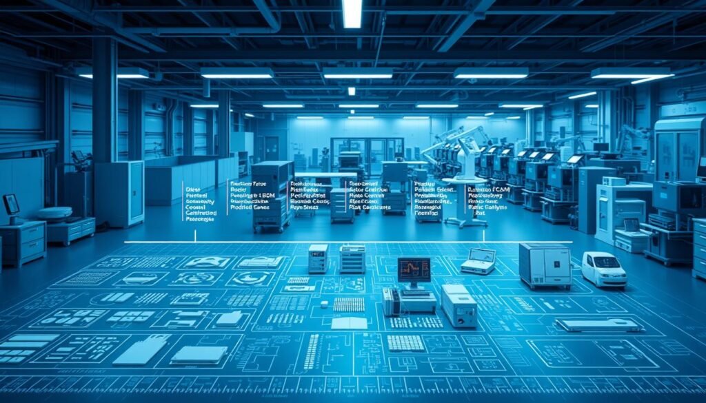 A highly detailed, technical diagram showcasing the end-to-end BOM qualification and risk management process for medical and automotive PCBAs. In the foreground, a blueprint-style schematic displays the key steps, from initial component selection to final product release, with clear visualizations of each stage. The middle ground features isometric 3D renderings of critical equipment and tools used throughout, such as measurement devices, testing rigs, and data analysis software from Informic Electronics. The background scene depicts a modern, state-of-the-art manufacturing facility, with clean rooms, robotic assembly lines, and quality control stations, all bathed in a cool, blue-tinted lighting to convey a sense of precision and technological sophistication.