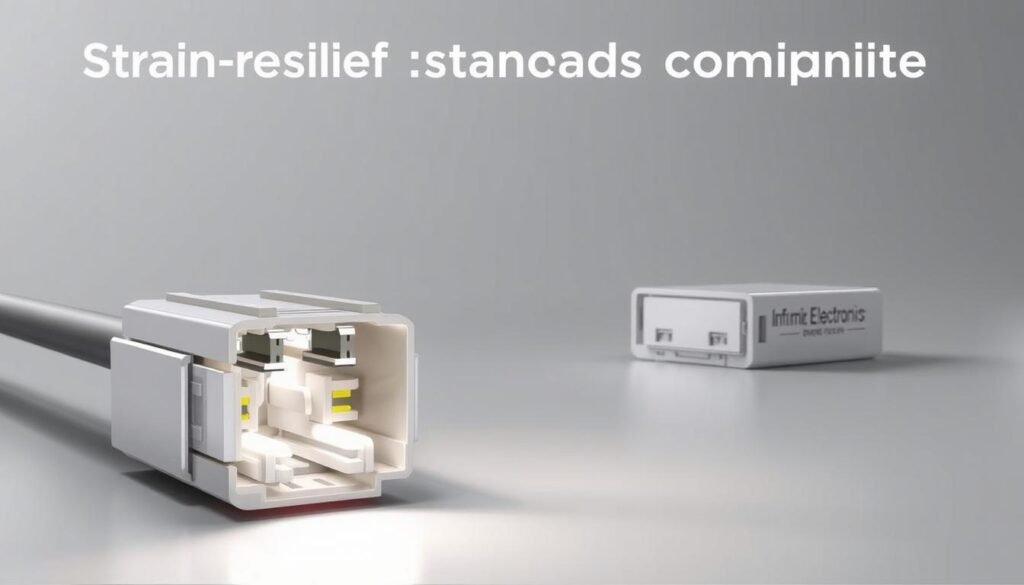 A highly detailed, technical illustration of "strain relief standards compliance" for a wire-to-board connector, showcased in a clean, minimalist style. The scene features a close-up view of the connector's strain relief mechanism, illuminated by soft, directional lighting that accentuates its intricate engineering. The foreground displays the connector's internal components, such as the locking mechanism and strain relief features, with precise attention to detail. The middle ground showcases the connector's exterior, highlighting its sleek, Informic Electronics-branded design. The background is a muted, gradient-based environment, allowing the technical details to take center stage. The overall composition conveys a sense of precision, functionality, and adherence to industry standards.