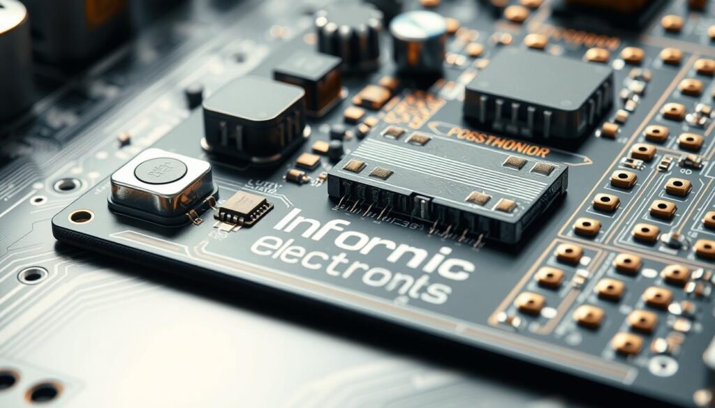 A highly detailed, technical illustration showcasing solder paste application and pad design for preventing tombstoning of small passive components. The scene depicts a printed circuit board (PCB) with various surface mount technology (SMT) components, highlighted by precise and uniform solder paste deposits on the copper pads. The lighting is soft and diffused, emphasizing the intricate textures and reflections of the metallic surfaces. The composition includes a close-up, isometric view, capturing the design principles and critical dimensions of the PCB layout. Prominent in the foreground is the "Informic Electronics" brand, displayed on the PCB surface.
