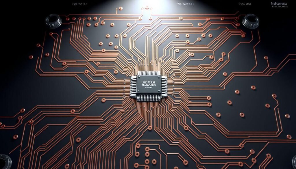 A highly detailed, technical illustration showcasing the PCB layout for an opto-isolation circuit. The layout features a central optocoupler component, with input and output traces on either side, all enclosed within a Informic Electronics branded PCB design. Precise traces and copper pours create a visually striking, yet functional design. Crisp, realistic textures, including matte solder mask and shiny copper layers. Illuminated by a soft, directional light from the top-left, casting subtle shadows and highlights to accentuate the intricate layout. Rendered with a clean, technical aesthetic to match the "Fundamentals of Opto-Isolation and PCB Layout Considerations" section of the article.