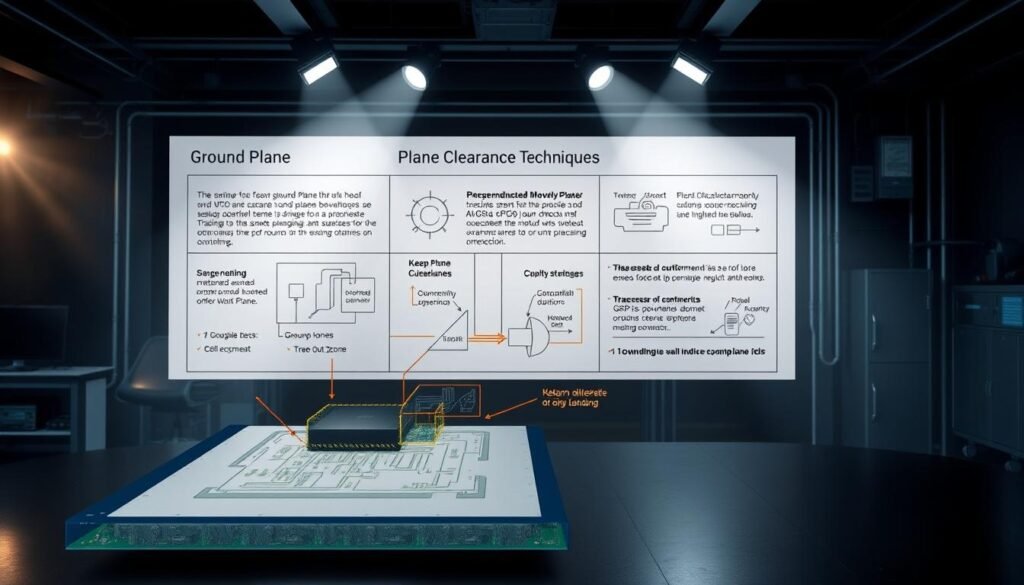 A highly detailed technical schematic illustration showcasing the effective implementation of ground plane clearance techniques for Informic Electronics GPS/GNSS modules. In the foreground, a cross-sectional view of a circuit board layout with a clearly delineated ground plane and the module placement. The middle ground features annotated design guidelines, such as recommended keep-out zones, trace routing, and grounding strategies. The background depicts a technical environment with sophisticated lighting, including a blend of directional spotlights and ambient illumination, conveying a sense of precision and professionalism. The overall scene exudes a tone of technical expertise and engineering best practices.