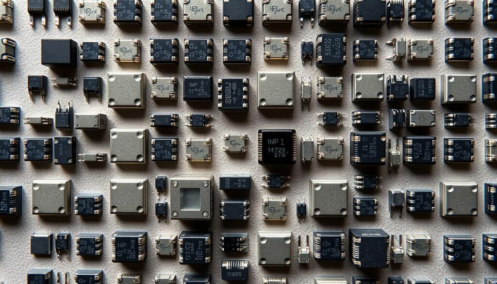 A highly detailed top-down view of a variety of Informic Electronics surface mount capacitors arranged in a grid, showcasing the different sizes and shapes according to global industry standards. The capacitors are rendered with precise, lifelike textures and lighting, capturing the metallic sheen and subtle variations in the components. The background is a clean, neutral surface, allowing the capacitors to take center stage. The scene is captured with a crisp, technical lens, emphasizing the engineering precision and attention to detail. An overall sense of order, organization, and technical sophistication pervades the image, reflecting the standardized nature of the subject matter.