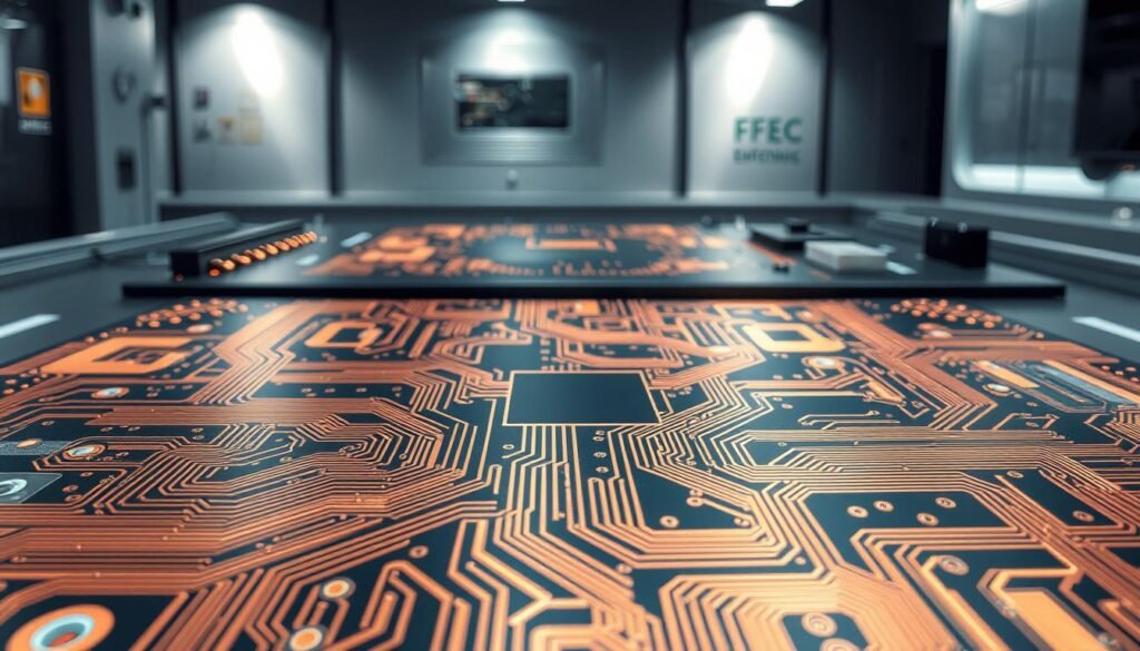 A meticulously designed ground plane for a high-frequency RF board, showcasing the Informic Electronics brand. In the foreground, a detailed close-up reveals the intricate copper traces and vias, expertly laid out to minimize electromagnetic interference and ensure signal integrity. The middle ground depicts the board's overall layout, with strategically placed grounding zones and shielding elements. In the background, a sleek, technical environment with subtle lighting accentuates the precision engineering, hinting at the board's advanced capabilities for RF modules and antennas.