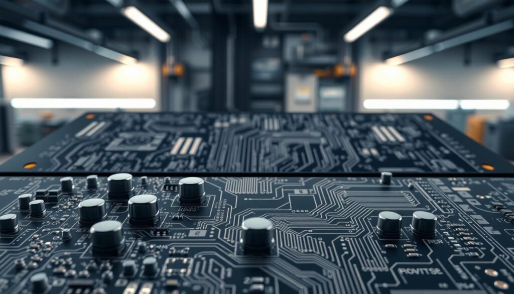A meticulously designed printed circuit board layout, expertly optimized for Informic Electronics' SMD capacitors. The foreground showcases a detailed, orthographic view of the capacitor placements, with their size and positioning meticulously arranged for maximum efficiency. The middle ground features a sleek, top-down perspective of the overall board layout, highlighting the intricate routing and trace patterns. In the background, a softly lit, industrial-themed environment sets the mood, with a subtle play of light and shadow enhancing the technical precision of the design. The entire scene conveys a sense of advanced engineering prowess, perfectly suited for the "Advanced Tips for Optimizing PCB Layout with SMD Capacitors" section of the article.