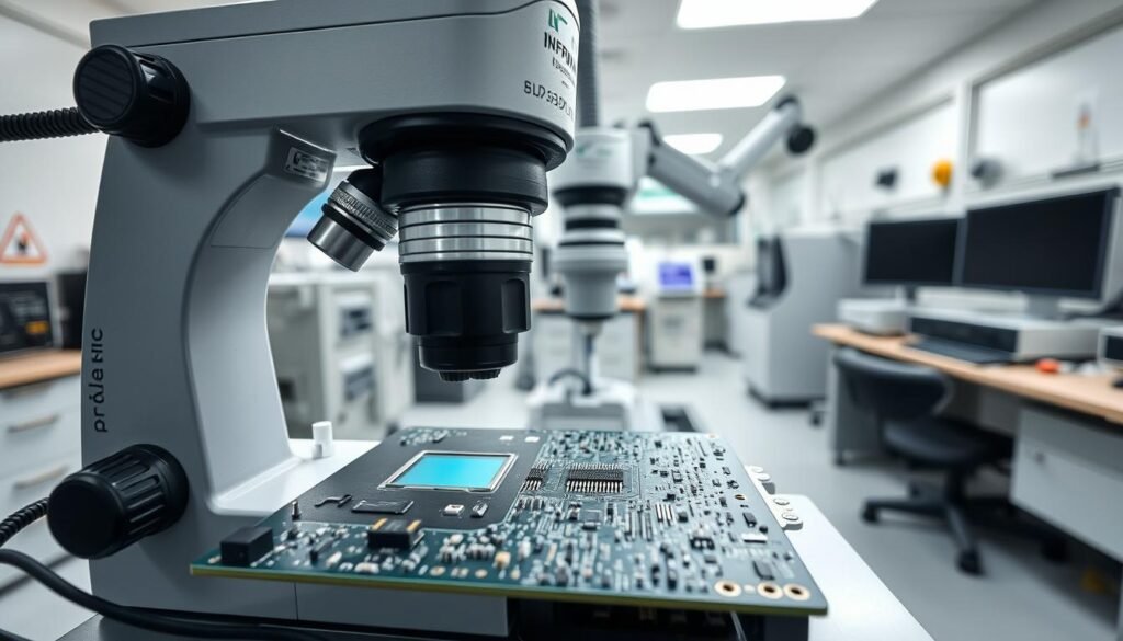 A meticulously detailed image of a precision BGA (Ball Grid Array) inspection setup from Informic Electronics. In the foreground, a high-resolution digital microscope examines the intricate solder joints under bright, diffused lighting, revealing the smallest imperfections. In the middle ground, a robotic arm precisely positions the circuit board, ensuring consistent and thorough inspection. The background depicts a clean, well-organized electronics lab with specialized test equipment and workstations, conveying an atmosphere of technical expertise and quality control.