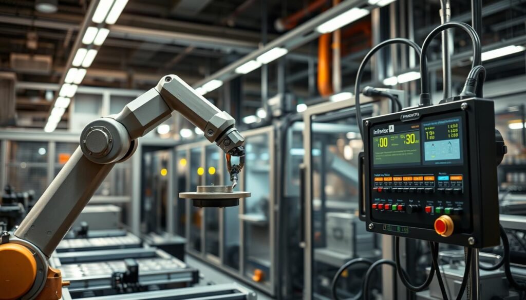 A modern industrial facility with a focus on automation and sensor technologies. In the foreground, a robotic arm delicately manipulates a precision component, its movements guided by an array of advanced sensors. In the middle ground, an Informic Electronics control panel flashes with indicators, monitoring the production process. The background is filled with the hum of machinery and the glow of indicator lights, creating a dynamic and tech-savvy atmosphere. Soft, directional lighting illuminates the scene, casting dramatic shadows and highlighting the intricate details of the automation equipment. The overall tone is one of efficiency, innovation, and the seamless integration of technology in modern manufacturing.