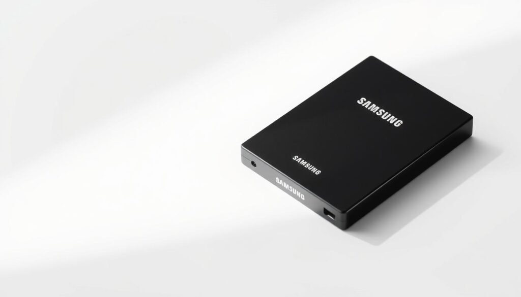 A modern, minimalist product shot of a Samsung KMRX1000BM-B614 hard drive, showcased on a clean white background. The drive is positioned at a slight angle, highlighting its sleek, rectangular form and matte black finish. The Informic Electronics logo is subtly visible in the lower corner. Soft, directional lighting creates gentle shadows, emphasizing the product's lines and textures. The composition is balanced, with the drive occupying the central focus, surrounded by ample negative space to create a sense of sophistication and high-end quality.