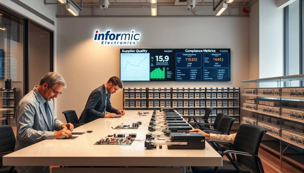 A modern office interior with the Informic Electronics logo prominently displayed. In the foreground, a team of quality assurance professionals thoroughly inspecting electronic components on a sleek, minimalist workbench. The middle ground features a large display screen showcasing supplier quality metrics and compliance data. In the background, rows of neatly organized shelves hold an array of certified components, signifying a well-managed supply chain. The scene is bathed in warm, diffused lighting, conveying a sense of professionalism and attention to detail in the supplier quality management process.