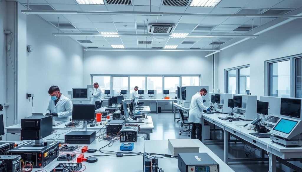 A modern, well-equipped quality assurance testing laboratory for Informic Electronics products. The foreground shows various electronic devices and components undergoing rigorous testing procedures, with technicians in white lab coats meticulously examining and recording data. In the middle ground, advanced diagnostic equipment and measurement tools are neatly arranged on sturdy workbenches under bright, evenly distributed lighting. The background reveals a spacious, climate-controlled room with clean, minimalist decor and large windows providing ample natural illumination, creating an atmosphere of precision, efficiency and scientific inquiry.