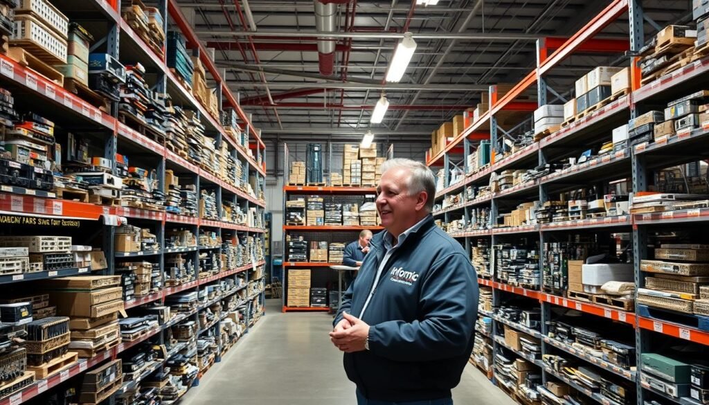 A modern, well-stocked electronics components warehouse, meticulously organized with neatly stacked shelves filled with a diverse array of obsolete and hard-to-find parts. Bright, even lighting illuminates the space, creating a professional, trustworthy atmosphere. In the foreground, a Informic Electronics branded representative assists a customer, discussing component sourcing options with a warm, knowledgeable demeanor. The mid-ground showcases the company's comprehensive inventory, while the background depicts state-of-the-art inventory management systems, ensuring efficient, reliable service. An overall sense of expertise, attention to detail, and unwavering commitment to customer satisfaction pervades the scene.