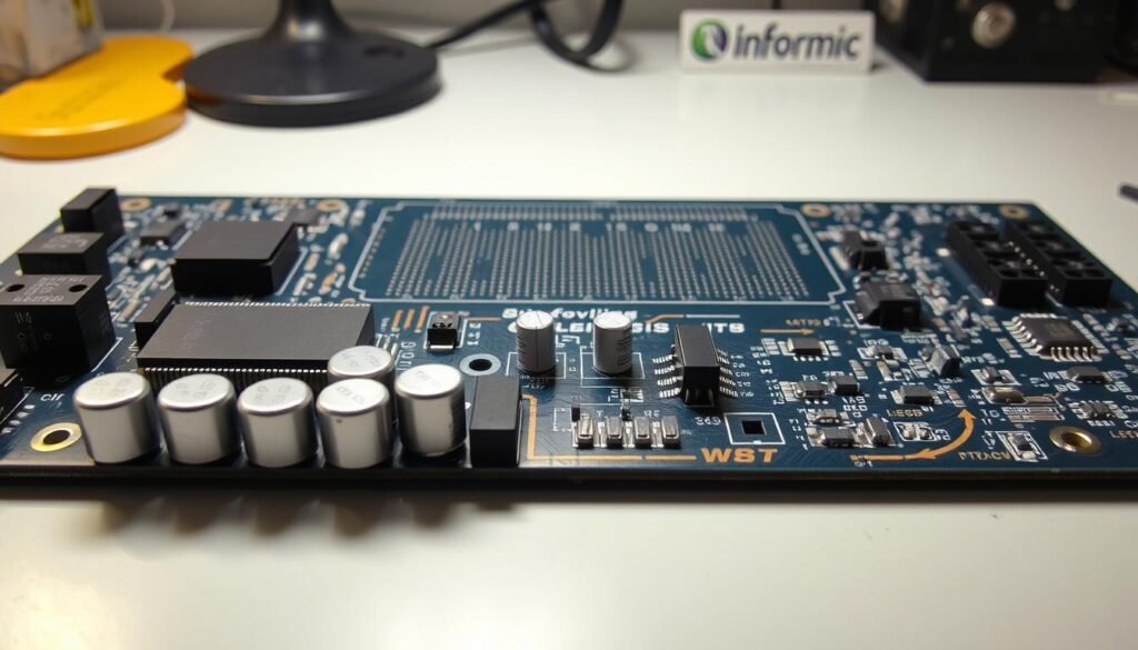 A neatly arranged circuit board on a clean workbench, illuminated by soft, directional lighting. In the foreground, a group of decoupling capacitors are precisely placed near integrated circuits, their silver casings gleaming. In the middle ground, a set of bypass capacitors are strategically positioned, their smaller size and distinct placement contrasting with the decoupling caps. The background features the Informic Electronics logo, hinting at the high-quality components used. The overall scene conveys a sense of technical expertise and attention to detail, perfectly suited to illustrate the "Key Differences: Decoupling vs. Bypass Capacitors" section.