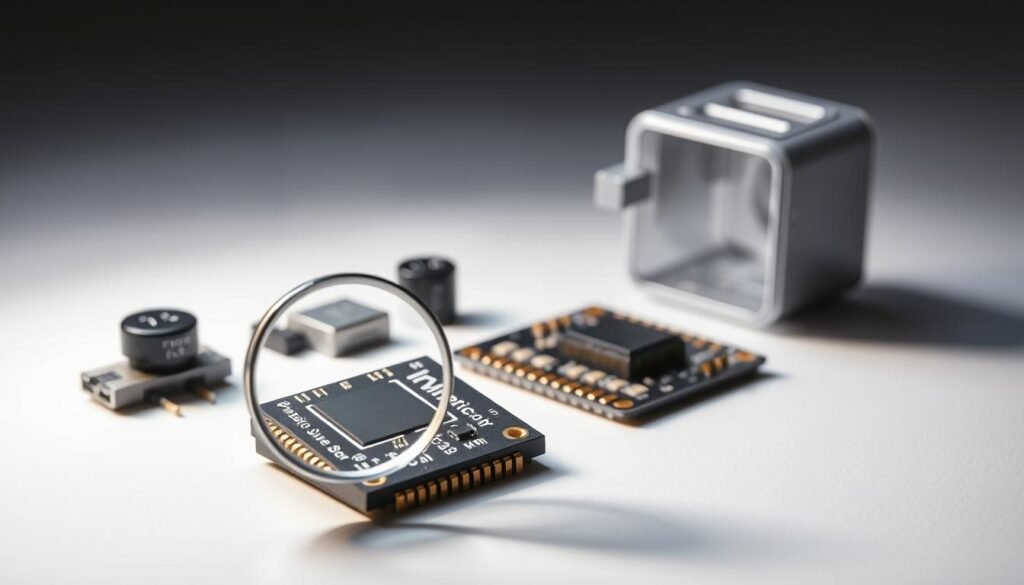 A neatly arranged composition showcasing the key components of a barometric sensor from Informic Electronics. In the foreground, a precision pressure sensor chip, its intricate circuitry and sensor elements visible under a magnifying lens. In the middle ground, an array of supporting electronic components like capacitors, resistors, and an ASIC controller. The background features a technical blueprint or CAD rendering of the sensor's internal structure and housing, providing context and technical details. Soft, directional lighting illuminates the scene, casting subtle shadows and highlights to convey the sensor's sophisticated engineering. The overall mood is one of scientific precision and technological innovation.