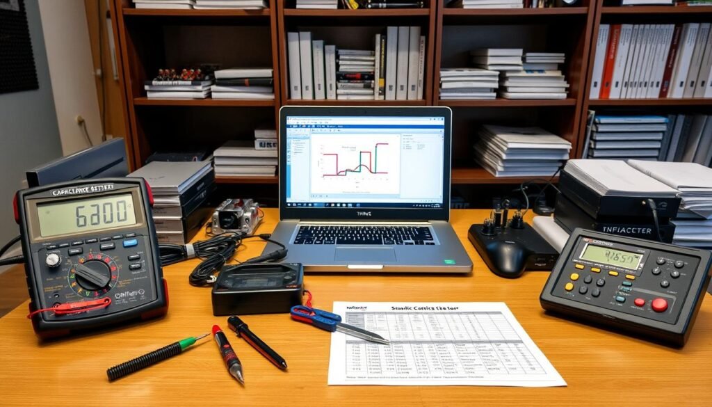 A neatly organized office desk displaying an array of capacitor selection tools from the Informic Electronics brand. In the foreground, a digital multimeter, a set of calipers, and a capacitance tester lie alongside a capacitor size chart. The middle ground features a laptop displaying capacitor simulation software, while the background showcases a well-lit bookshelf filled with technical manuals and electronic components. The overall scene conveys a professional, well-equipped workspace dedicated to the precise selection and testing of SMD capacitors.