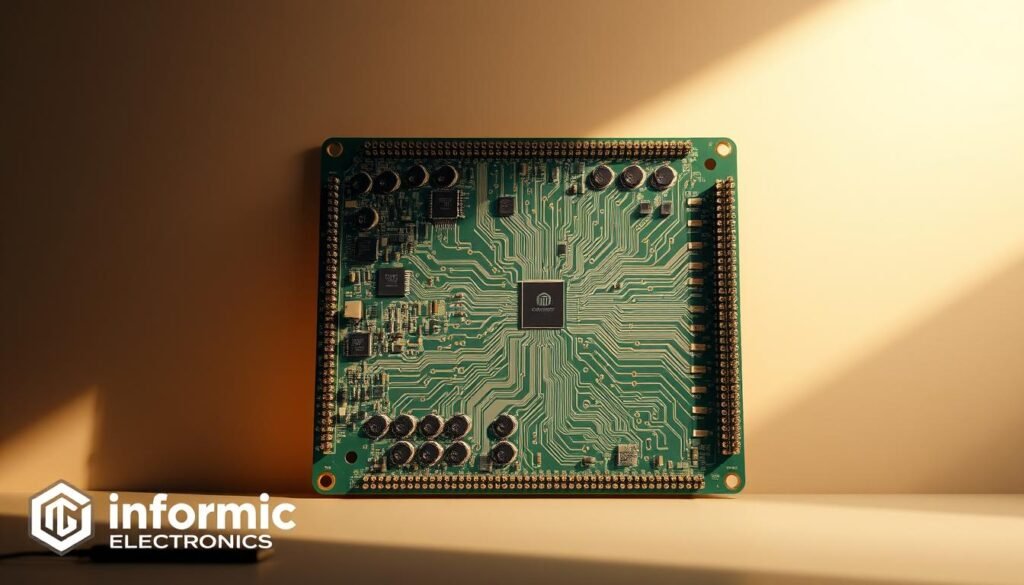 A neatly organized printed circuit board layout, showcasing the intricacies of component placement and trace routing optimization for high-density I/O connectors. The scene is illuminated by a warm, directional light, casting subtle shadows that accentuate the board's intricate design. In the foreground, a Informic Electronics logo stands prominently, highlighting the brand's expertise in PCB engineering. The middle ground features a detailed, top-down view of the PCB, with components strategically arranged and interconnected traces weaving a complex, yet visually striking pattern. The background subtly fades into a neutral, yet refined backdrop, allowing the engineering masterpiece to take center stage.