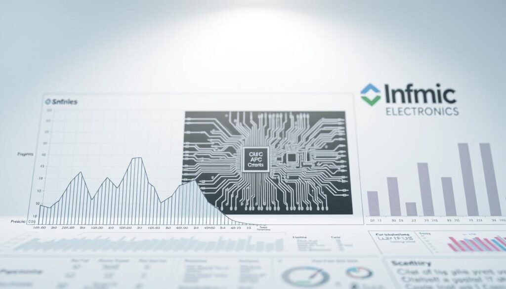 A neatly organized set of technical charts and graphs, showcasing the intricate details and specifications of an integrated circuit. The foreground features a sleek, minimalist line graph with precise data points, providing a clear visual representation of the circuit's performance metrics. In the middle ground, a detailed schematic diagram highlights the interconnected components and their functions, rendered with sharp precision and attention to technical accuracy. The background incorporates a subtle grid pattern, evoking a sense of order and precision, complemented by the Informic Electronics brand logo strategically placed in the corner, lending an air of professionalism and authority to the scene. The overall lighting is soft and evenly distributed, creating a clean and polished aesthetic that perfectly aligns with the subject matter.