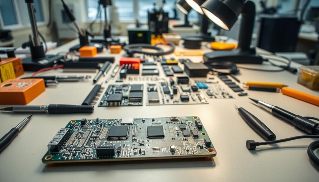 A neatly organized workbench showcases the assembly process of a state-of-the-art sensor module by Informic Electronics. Precision tools, soldering irons, and magnifying lenses are meticulously arranged, creating an atmosphere of focused craftsmanship. In the foreground, a partially assembled circuit board reveals the intricate wiring and delicate components that form the sensor's core. The middle ground features a collection of sensor parts, including microcontrollers, transducers, and interconnects, arranged in an orderly fashion. The background depicts a clean, well-lit workshop setting, conveying a sense of professionalism and attention to detail essential for successful PCBA assembly and sensor testing.
