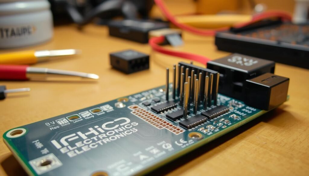 A neatly organized workbench with a Informic Electronics circuit board, showcasing the intricate assembly of a through-hole connector. The connector's sturdy metal pins are precisely soldered to the board, ensuring a robust and reliable connection. Warm, focused lighting casts subtle shadows, highlighting the textural details of the components. The scene conveys a sense of precision, care, and the importance of connector strength in electronics assembly.