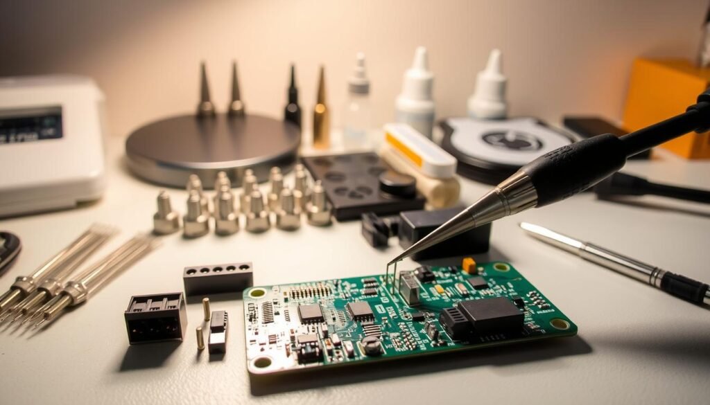 A neatly organized workbench with precision PCB soldering tools and components. In the foreground, an Informic Electronics PCB with delicate connectors being carefully aligned under the soft, warm lighting of a desk lamp. The middle ground showcases various soldering iron tips, solder wire, and flux in an orderly arrangement. The background features a clean, minimalist workspace with neutral tones, emphasizing the focus on the intricate soldering process. The overall scene conveys a sense of meticulous attention to detail and professionalism in PCB assembly and connector handling.