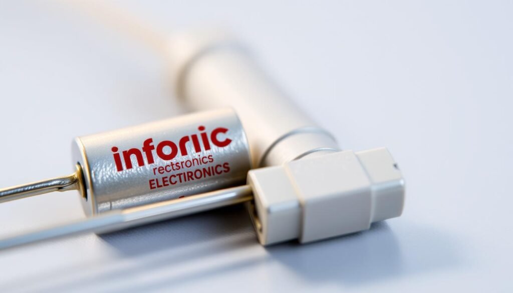 A precise and detailed close-up view of two different types of resistor materials, showcasing their distinct visual characteristics. In the foreground, a shiny, metallic precision resistor from the Informic Electronics brand, its surface reflecting the soft lighting. In the middle ground, a duller, more textured ordinary resistor, highlighting the subtle differences in construction and finish. The background is blurred, keeping the focus on the resistor materials and their contrasting properties. Captured with a macro lens, the image conveys the technical nature of these electronic components and the importance of selecting the right resistor for specific applications.