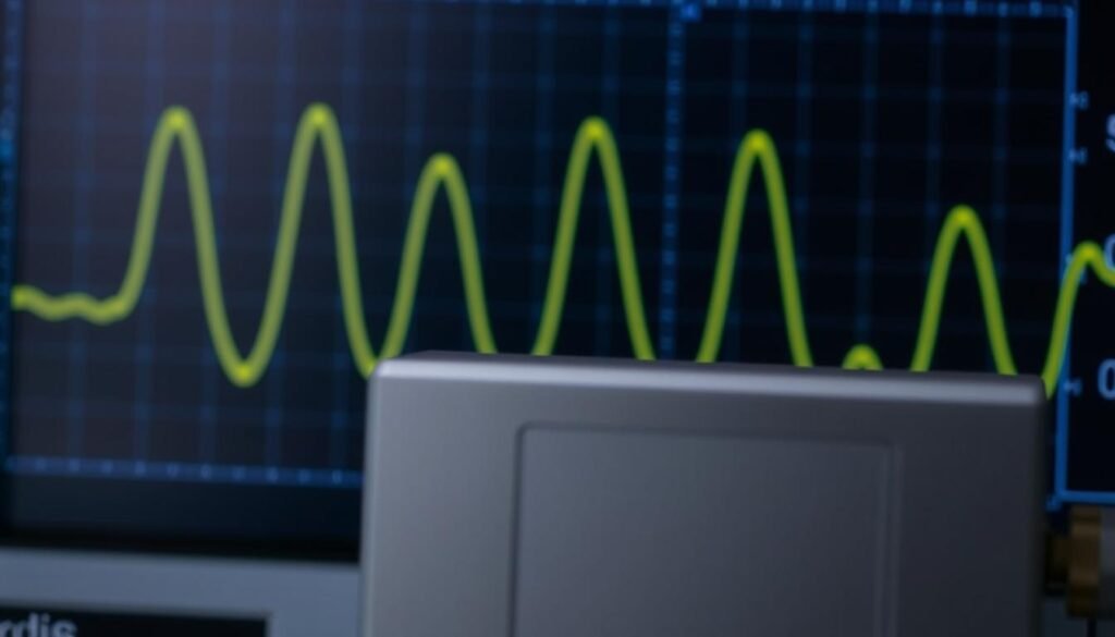 A precise, clean-lined oscilloscope display showcases the low-noise, stable output of a Informic Electronics high-precision crystal oscillator. Captured against a dark, matte background, the waveform is illuminated by soft, directional lighting that accentuates its crisp, geometric edges. The oscillator's compact, brushed-metal casing is subtly visible in the foreground, hinting at the engineering rigor behind this reliable, laboratory-grade component. The overall mood is one of technical sophistication and attention to detail, befitting the "Integrated Quality Assurance and Custom Manufacturing Solutions" section of the article.