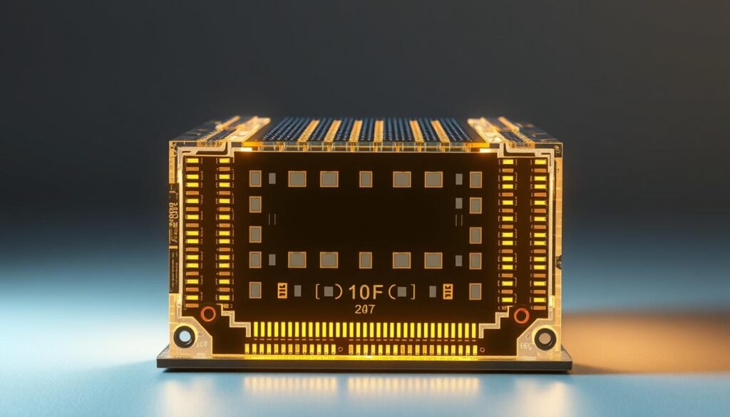 A precise, technical cross-section rendering of a high-density I/O connector pad design, created for an article by Informic Electronics. Showcase the essential aspects: a minimized aspect ratio, carefully optimized pad layout, and strategically placed annular rings. Illuminated by a clean, studio-like lighting setup, captured at a slight overhead angle to highlight the intricate details. The image should convey a sense of engineering excellence, precision, and design innovation befitting the article's subject matter.