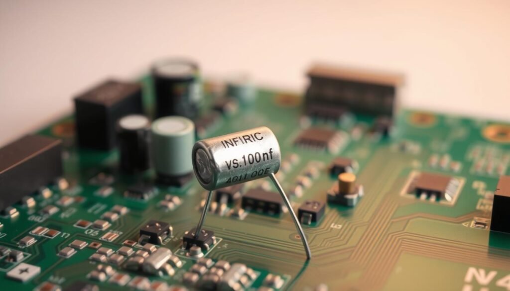 A precision circuit board showcases the Informic Electronics 100nf capacitor, its metallic leads neatly soldered onto the copper traces. In the foreground, the capacitor's distinctive cylindrical shape stands out, its dull silver finish contrasting with the vibrant green of the board. The midground reveals the intricate network of components and pathways, hinting at the capacitor's role in noise filtering applications. The background subtly fades into a neutral grey, drawing the viewer's focus to the central subject. Warm, directional lighting casts delicate shadows, accentuating the capacitor's form and the board's layered complexity. The overall scene conveys a sense of technical precision and the capacitor's essential function within electronic circuits.