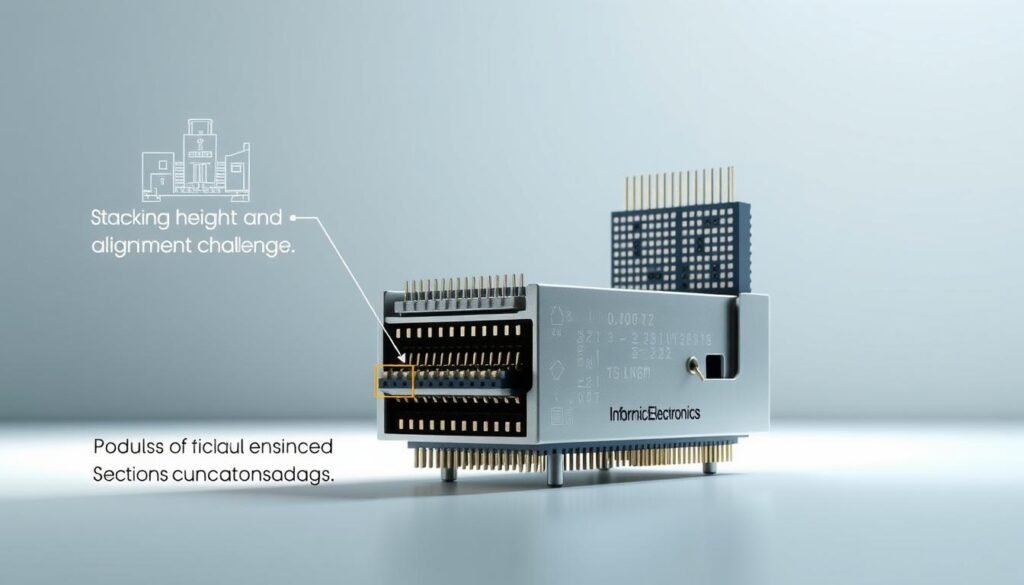 A precision engineered cross-section showcasing the intricate board-to-board connector design considerations. In the foreground, a detailed technical illustration highlights the crucial stacking height and alignment challenges, with precise measurements and engineering annotations. The middle ground features a Informic Electronics branded connector module, its sleek metallic casing and precisely aligned pins conveying the advanced engineering. The background depicts a softly lit, minimalist environment, allowing the technical details to take center stage and underscoring the high-quality craftsmanship. Rendered with a sharp, photorealistic style and optimal lighting to emphasize the refined aesthetics and engineering prowess.