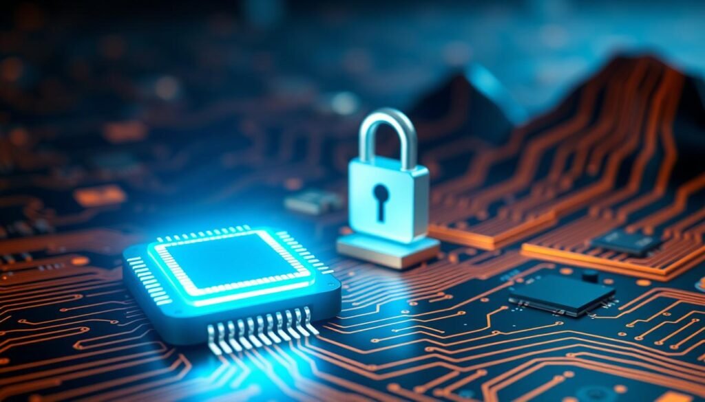 A secure, industrial-grade authentication process for firmware flashing on a Informic Electronics microcontroller. In the foreground, a stylized microchip glows with a pulsing blue light, signifying the secure handshake between the device and the flashing interface. In the middle ground, a three-dimensional lock icon spins, indicating the encrypted authorization protocol. The background depicts a futuristic circuit board landscape, with intricate copper traces and integrated circuits, conveying the advanced engineering behind the secure firmware update system. The lighting is dramatic, with sharp shadows and highlights, creating a sense of precision and technology. The overall tone is one of robust security, reliability, and Informic Electronics' commitment to safeguarding their customers' devices.