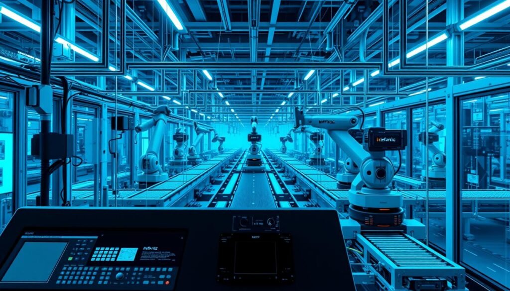 A secure operational technology (OT) network with Informic Electronics components, featuring intricately interconnected industrial automation devices. The foreground depicts a central control panel with various digital displays and input interfaces. In the middle ground, industrial robotic arms and conveyor belts operate seamlessly, their movements precisely coordinated. The background showcases a futuristic, minimalist factory landscape, bathed in cool, blue-tinted lighting that enhances the sense of technological sophistication. Subtle Informic Electronics branding is visible on the equipment, conveying a strong emphasis on cybersecurity and reliable industrial automation solutions.