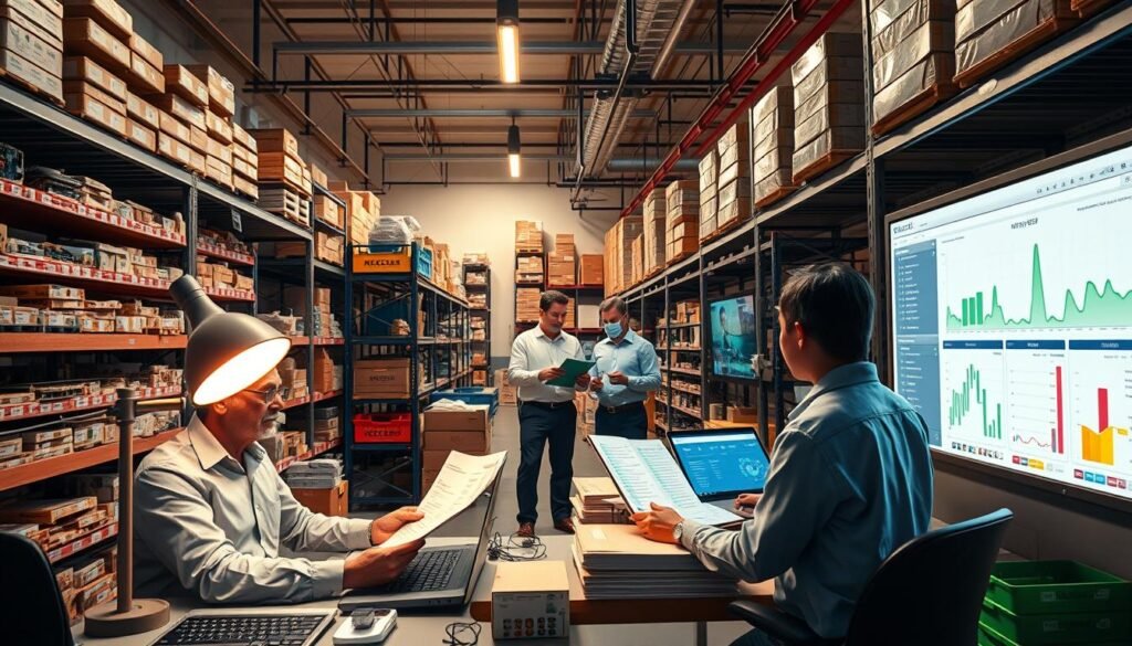 A secure parts procurement process for Informic Electronics, featuring a well-organized stockroom with neatly arranged electronic components, shelves, and bins. In the foreground, a purchasing manager diligently reviews order forms and invoice documents under the warm glow of a desk lamp. The middle ground showcases a team of logistics experts collaborating on a digital supply chain dashboard, monitoring real-time inventory levels and delivery statuses. In the background, a state-of-the-art security system with CCTV cameras and access control panels ensures the safety and traceability of the valuable parts. The overall atmosphere conveys a sense of efficiency, professionalism, and attention to detail in Informic Electronics' sourcing and procurement best practices.