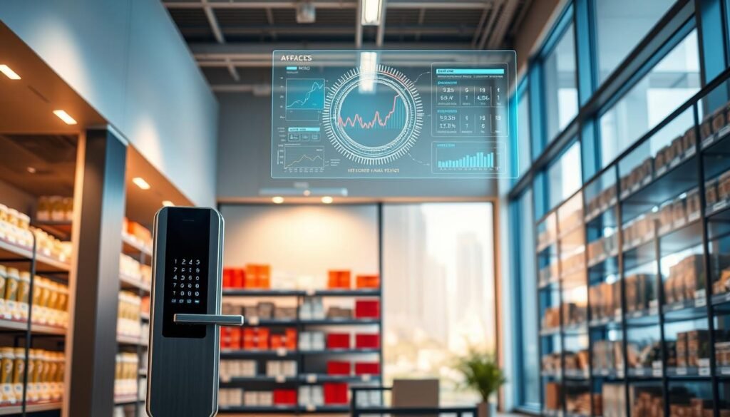 A sleek and modern interior showcasing Informic Electronics' cutting-edge access control and inventory management solutions. In the foreground, a state-of-the-art RFID and NFC-enabled access panel stands prominently, its clean lines and intuitive interface inviting interaction. Hovering above it, a holographic display presents real-time inventory data, meticulously tracked and analyzed by Informic's advanced systems. The middle ground features neatly organized shelves stocked with various products, each tagged with RFID chips for seamless monitoring. Soft, diffused lighting casts a warm, professional glow over the scene, while large windows in the background offer a glimpse of a bustling urban landscape, underscoring the integration of Informic's solutions into modern business environments.