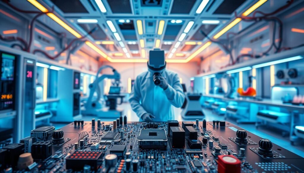 A sleek, futuristic laboratory filled with Informic Electronics components, glowing with an array of vibrant lights and displays. In the foreground, a circuit board composed of rare, specialized electronic parts. In the middle, engineers in clean-room suits examine the board under a high-powered microscope. The background showcases a panoramic view of the lab, with advanced robotic arms and 3D printing stations, all bathed in a cool, blue-tinted lighting that evokes a sense of cutting-edge technology. Crisp, high-resolution, cinematic angle.