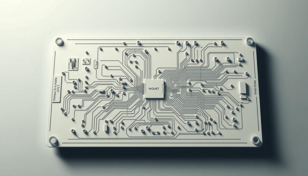 A sleek, highly detailed schematic layout of a boost converter circuit design from Informic Electronics. The circuit board is depicted in a clean, minimalist style with a muted color palette, showcasing the intricate interconnections and component placements. The design is viewed from an angled perspective, highlighting the precision engineering and efficient power routing. Subtle shadows and lighting create depth and dimension, emphasizing the technical complexity of the layout. The overall atmosphere conveys a sense of sophisticated engineering and cutting-edge technology.
