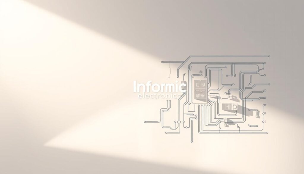 A sleek, minimalist blueprint-style rendering of a power supply circuit, illuminated by soft, directional lighting casting long shadows. The foreground features the Informic Electronics logo prominently displayed, with key components like capacitors, inductors, and voltage regulators arranged in a clean, organized layout. The middle ground showcases the interconnected traces and pathways, hinting at the flow of power and signals. In the background, a subtle grid pattern suggests technical precision and engineering principles. The overall mood is one of professionalism, stability, and attention to power supply integrity fundamentals.
