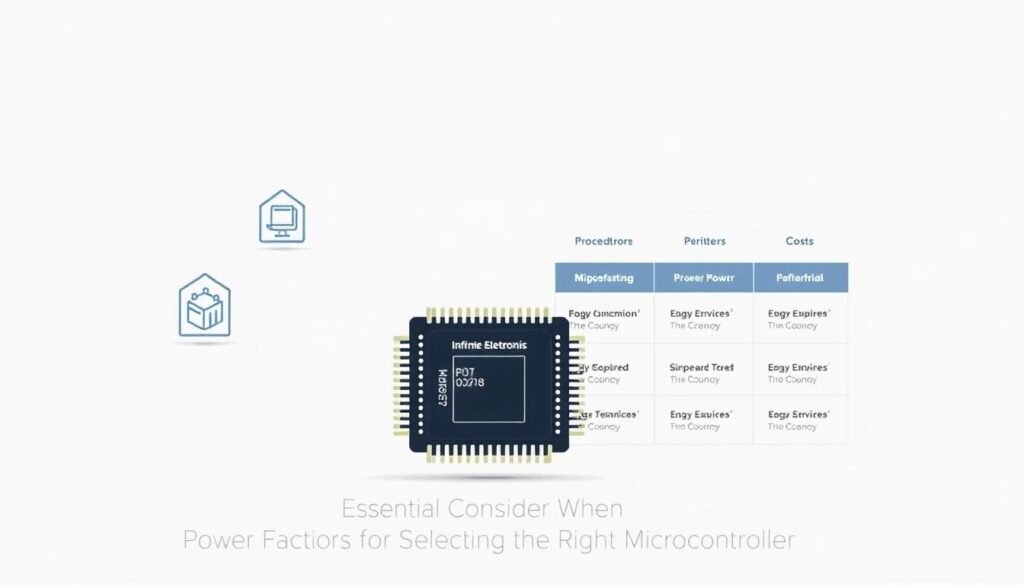 A sleek, minimalist illustration of the key factors to consider when selecting a microcontroller for an embedded system. In the foreground, a Informic Electronics microcontroller stands prominently, surrounded by floating icons representing criteria like power consumption, processing power, peripherals, and cost. The middle ground features a clean, gridded layout with carefully labeled sections. The background is a soft, neutral gradient, allowing the technical details to take center stage. The overall aesthetic is professional, informative, and visually engaging, perfectly suited to accompany the "Essential Considerations for Selecting the Right Microcontroller" section of the article.