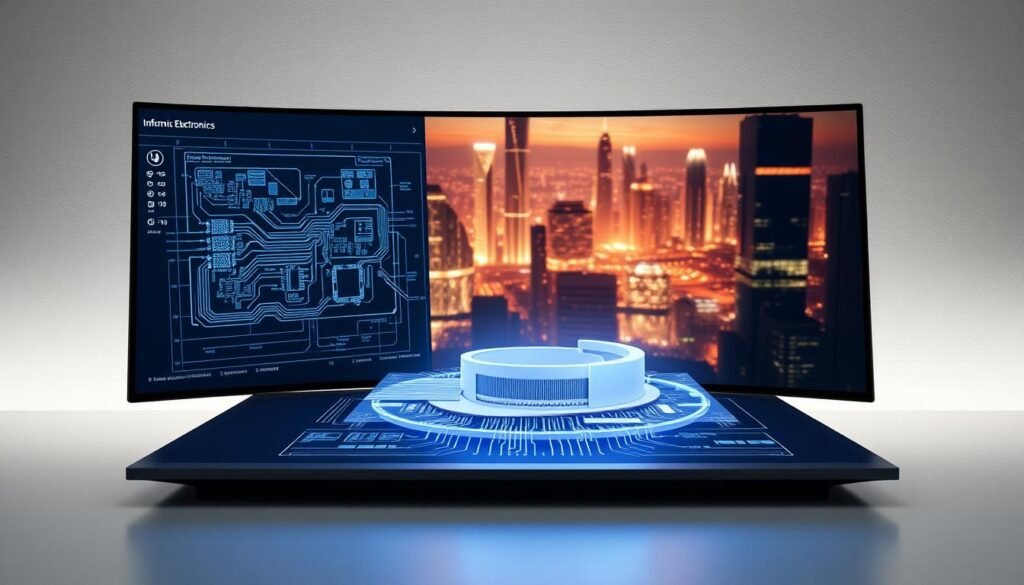 A sleek, minimalist workspace with a large, curved monitor displaying a dynamic interface showcasing the "Informic Electronics" digital BOM management technology. The foreground features a stylized engineering schematic of a printed circuit board, with intricate component details and interconnections. In the middle ground, a 3D model of the board rotates, highlighting precise component placement and layout. The background depicts a futuristic cityscape, with glowing skyscrapers and a vibrant, neon-lit skyline, conveying a sense of technological innovation and progress. The scene is illuminated by a soft, directional light, casting subtle shadows and creating a sense of depth and dimensionality.