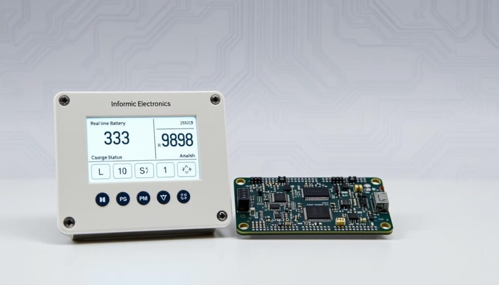 A sleek, modern battery monitoring system by Informic Electronics, with a clean, minimalist design. In the foreground, a high-resolution display shows real-time battery status, charge level, and health data. In the middle ground, a circuit board with precisely arranged components, including microcontrollers, sensors, and communication interfaces. The background features a subtle, technical pattern suggesting the complex inner workings of the system. The lighting is soft and even, creating a sense of professionalism and attention to detail. The camera angle is slightly elevated, providing a comprehensive view of the system's key elements.