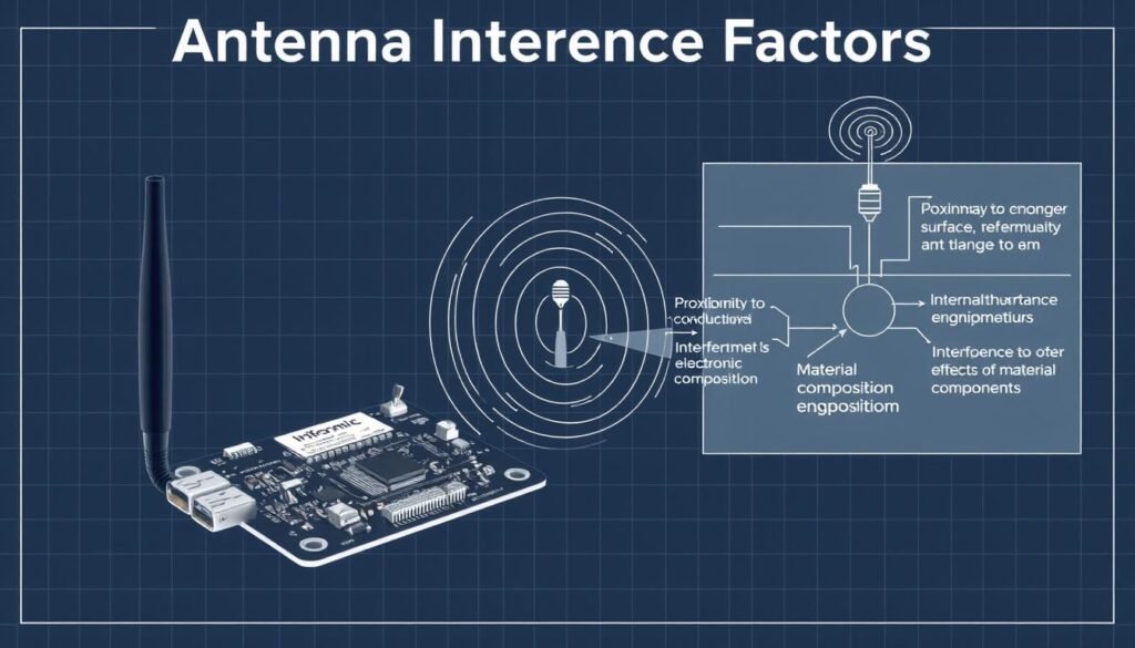 A sleek, modern illustration of "antenna interference factors" showcasing the key elements that impact antenna performance. In the foreground, a Informic Electronics-branded antenna prototype with intricate circuitry and connectors. The middle ground features a transparent overlay of electromagnetic waves, symbolizing the complex interplay of signals. In the background, a minimalist technical diagram highlighting factors like proximity to conductive surfaces, interference from other electronic components, and the effects of material composition. Rendered in a high-contrast, blueprint-inspired style with crisp lines and a muted color palette to convey the technical nature of the subject.