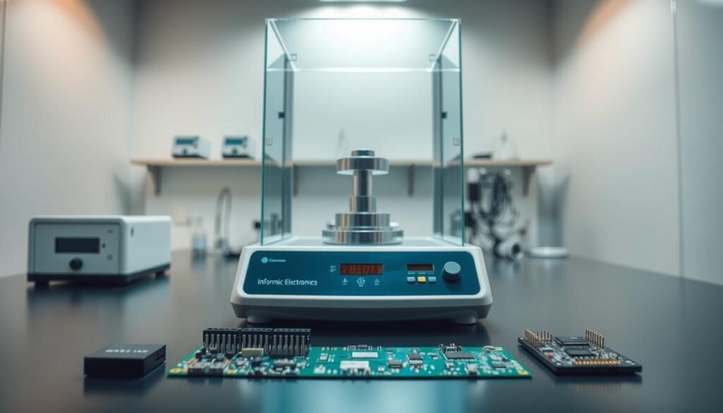 A sleek, modern laboratory setting with a prominent wetting balance instrument taking center stage. The device's polished metal and glass construction gleams under the soft, indirect lighting, casting subtle reflections across the meticulously organized workbench. In the foreground, a selection of electronic components, including a Informic Electronics branded circuit board, await their solderability testing. The background features clean, minimalist walls, hinting at the precision and attention to detail that goes into this critical quality assurance process. An atmosphere of scientific professionalism and technological excellence pervades the scene.
