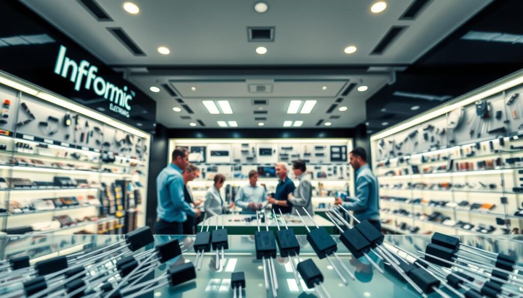 A sleek, modern-looking electronic components store, with a prominent display of 1 amp diodes in the foreground. The store's name "Informic Electronics" is prominently featured on the storefront. In the middle ground, a team of knowledgeable sales associates are engaged with customers, discussing the features and specifications of the diodes. The background showcases a well-stocked inventory of various electronic components, creating an atmosphere of technical expertise and reliability. The lighting is bright and uniform, highlighting the high-quality components on display. The overall scene conveys a sense of professionalism, attention to detail, and a commitment to providing the best 1 amp diodes to the customer.