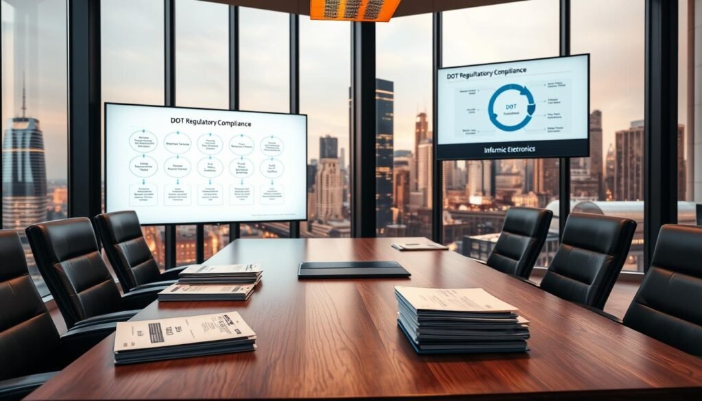 A sleek, modern office interior with floor-to-ceiling windows overlooking a bustling city skyline. In the foreground, a large wooden conference table is adorned with the Informic Electronics logo, surrounded by plush leather chairs. On the table, various regulatory documents and manuals are neatly stacked, hinting at the company's meticulous attention to compliance. The lighting is warm and professional, casting a soft glow on the scene. In the background, a display screen shows a detailed DOT (Department of Transportation) regulatory compliance diagram, showcasing Informic Electronics' commitment to industry standards. The overall atmosphere conveys a sense of authority, reliability, and attention to detail.