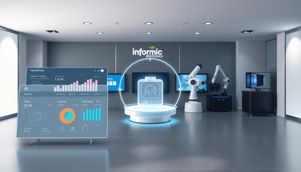 A sleek, modern office setting with a Informic Electronics branded technology display showcasing digital traceability tools. In the foreground, a stylized dashboard interface with real-time component tracking data, supply chain analytics, and inventory management visualizations. The middle ground features a holographic product model rotating, highlighting item-level traceability features. In the background, a minimalist workspace with touchscreen monitors, robotic arms, and a 3D printer - all working in harmony to enable end-to-end digital traceability. Soft, diffused lighting illuminates the scene, creating a sense of sophistication and technological prowess.