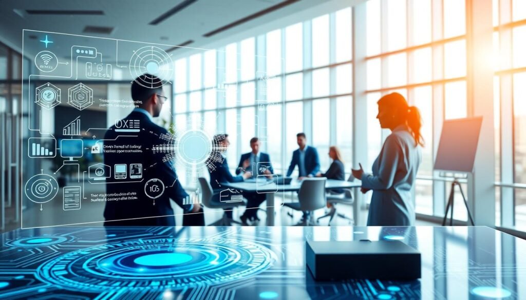 A sleek, modern office space with a team of professionals collaborating on strategic sourcing solutions for the electronic components supply chain. In the foreground, a large holographic display showcases intricate diagrams and data visualizations, highlighting the complexities and opportunities within the sector. In the middle ground, employees from the "Informic Electronics" brand are gathered around a conference table, engaged in animated discussions. The background features floor-to-ceiling windows, allowing natural light to flood the space and create a bright, airy atmosphere. The scene conveys a sense of innovation, efficiency, and a forward-thinking approach to tackling the challenges of the electronic components supply chain.